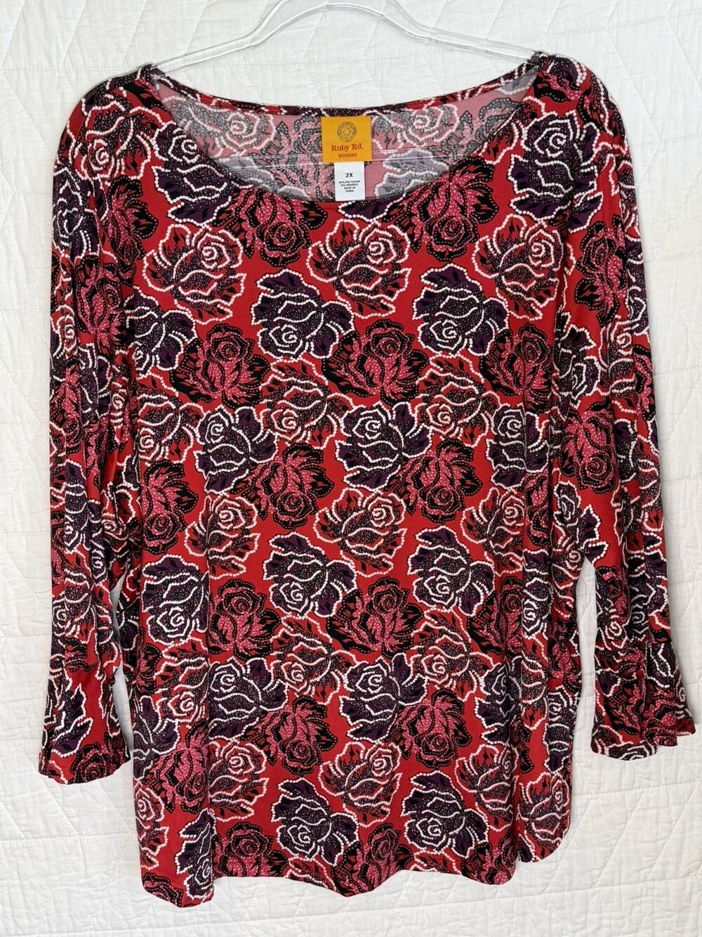 Ruby Road 2X Top blouse Floral Christmas Red Print Blouse Women's Plus Easy Care
